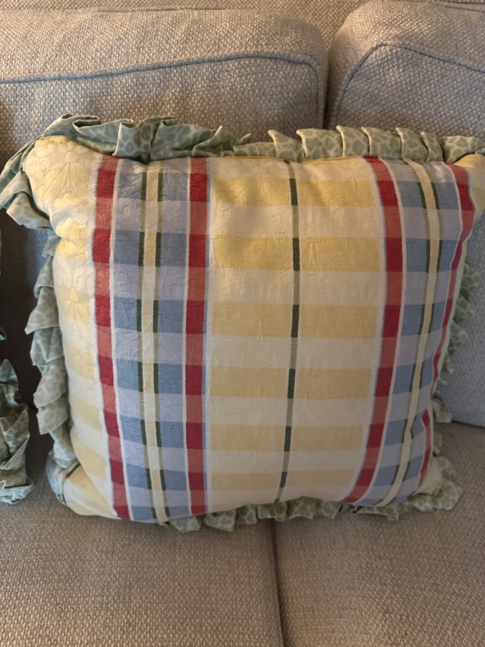 Floral Ruffled Throw Pillows- Pale Yellow with Pink & Green (Pair) - Picture 10 of 10